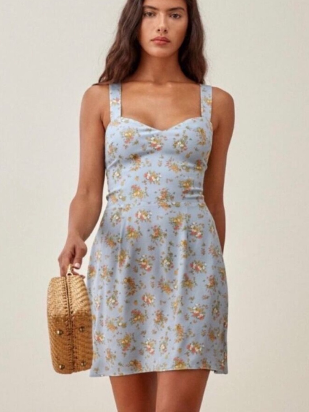 Reformation Cream Mini Dress with Yellow & Lilac Floral Print
